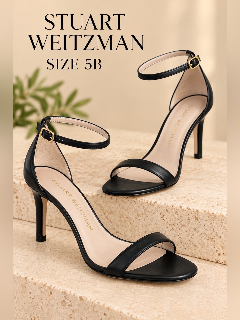 Stuart Weitzman Black Leather Ankle Strap Minimalist Sandals Size 5B